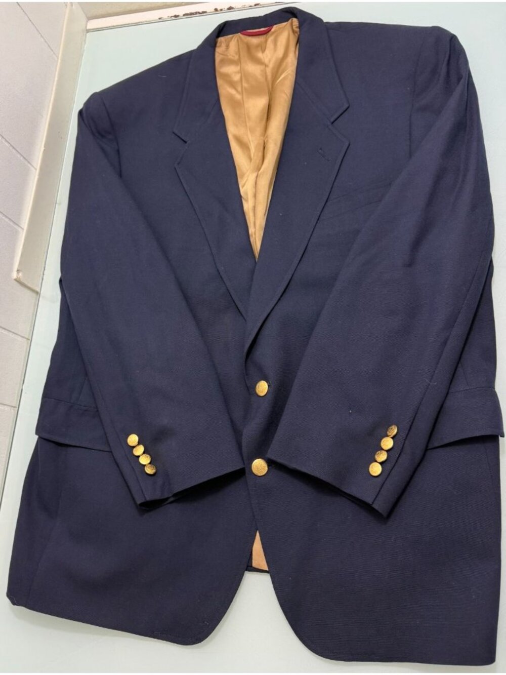 Vintage Hart Schaffner Marx Blazer 48R Navy Blue 2 Gold Crest Buttons USA Made